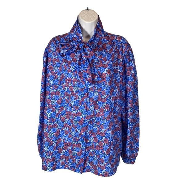 Vintage Ms Bond blue red floral blouse ties at neck women’s XL button up - Picture 1 of 8